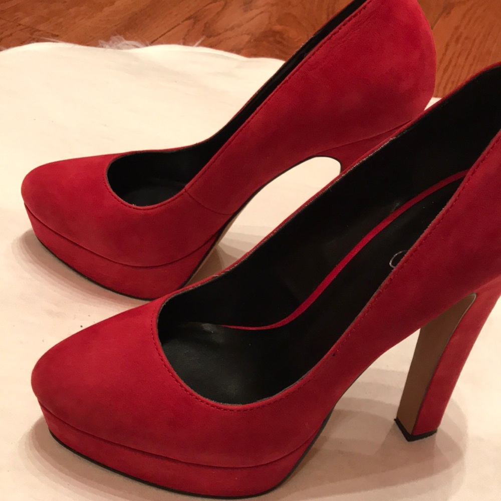 Red Faux Suede Chunky Heel Platform - Picture 2 of 6